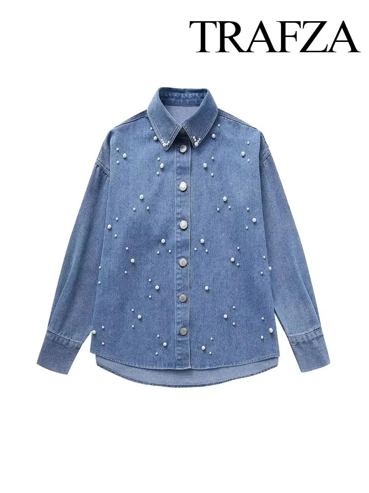 Pearl Denim Shirt Top Woman