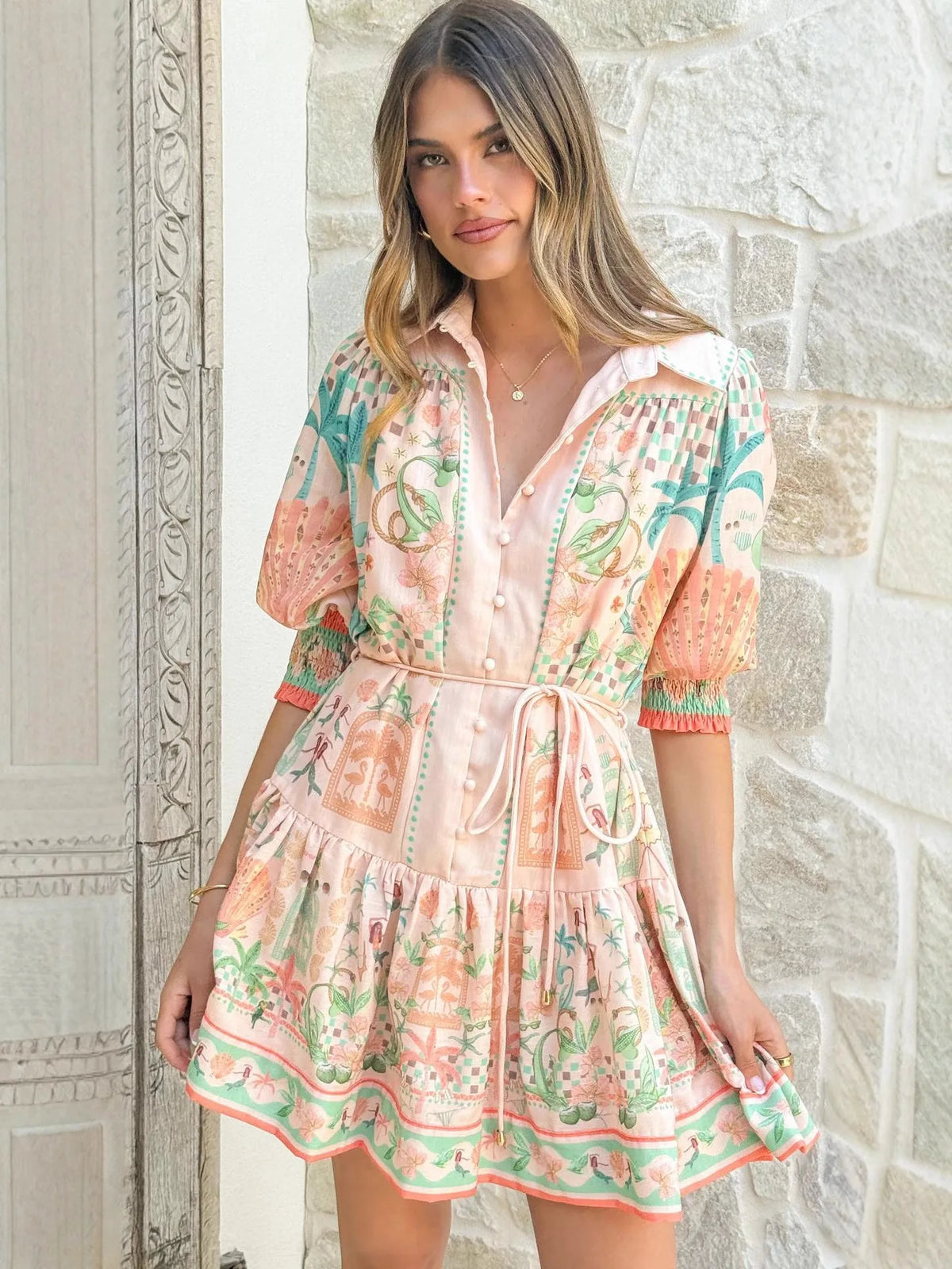 Casual Printed Lace up Dress High Waist Holiday Gown Elegant Waist Cinching Kaftan for Ladies Summer Season Button Closure - Shellss