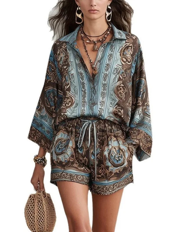 Floral Print Long Sleeve Shirt Shorts Set Women's High Waist Short Pants Outfit Casual Sportswear Two-Piece Set Polyester Fabric - Shellss