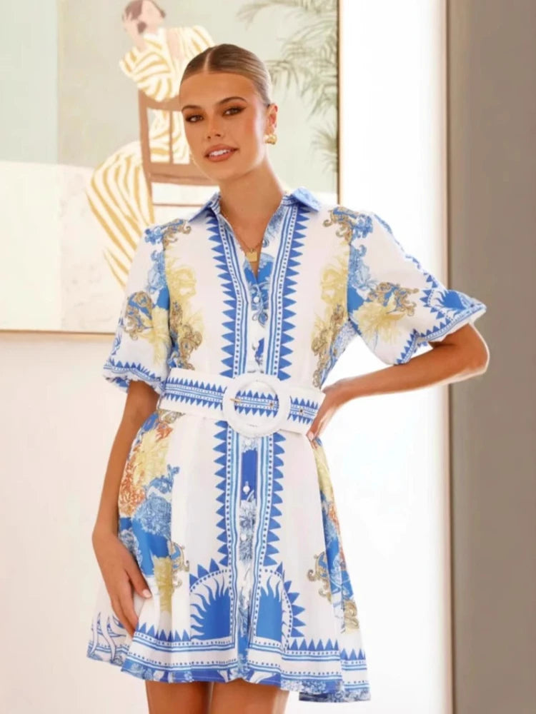Elegant Printed Casual Dress with Waist Collar