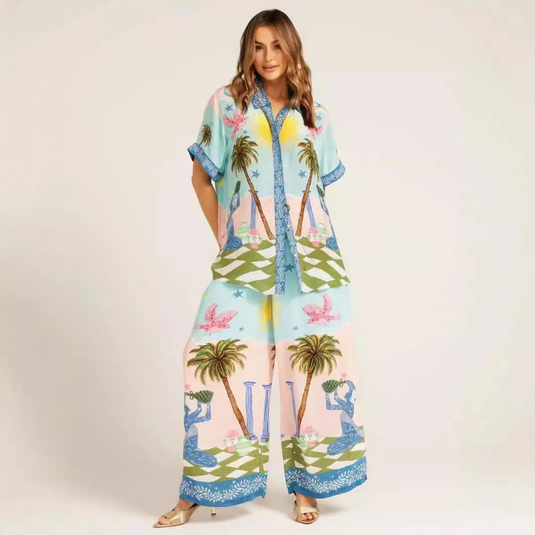 Printed Short Sleeve Tether Set Women's Fashion Ensemble Long Pants Winter Season Brand Unbranded Three-piece Combination - Shellss