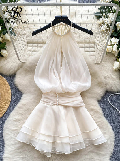 Chiffon Pearl Halter Mini Dress