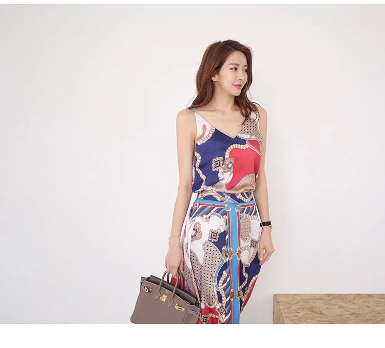H Han Queen Hot Sale Summer Women Print Work 2 Pieces Set Camisole Top Blouses + Vintage A-Line Skirt Korean Simple Skirt Suit