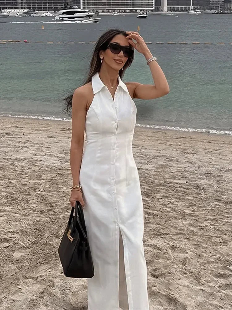 HalterNeck Collar White Shirt Dress