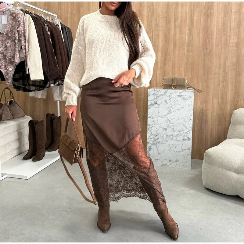 Brown Lace Long Skirts