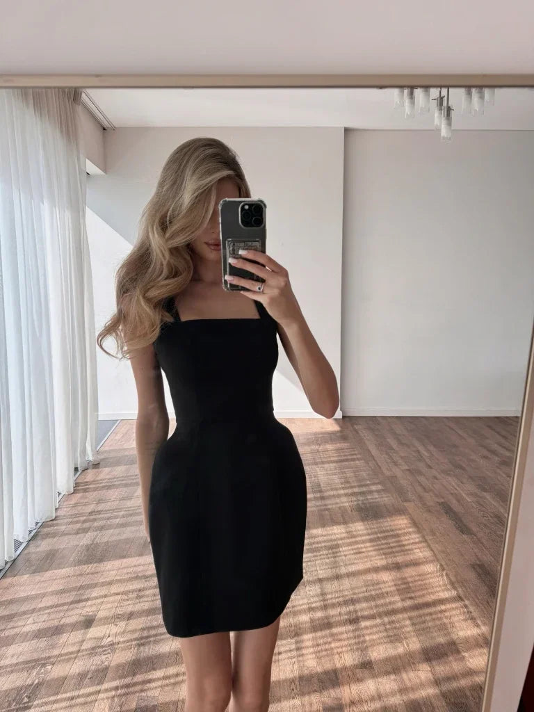 Solid Shawl Mini Dress Elegant Square-neck