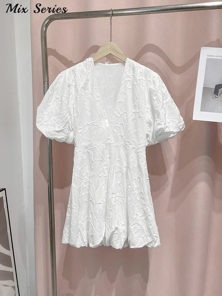 Embroidered Fluffy Short Puff Sleeve Dress Women