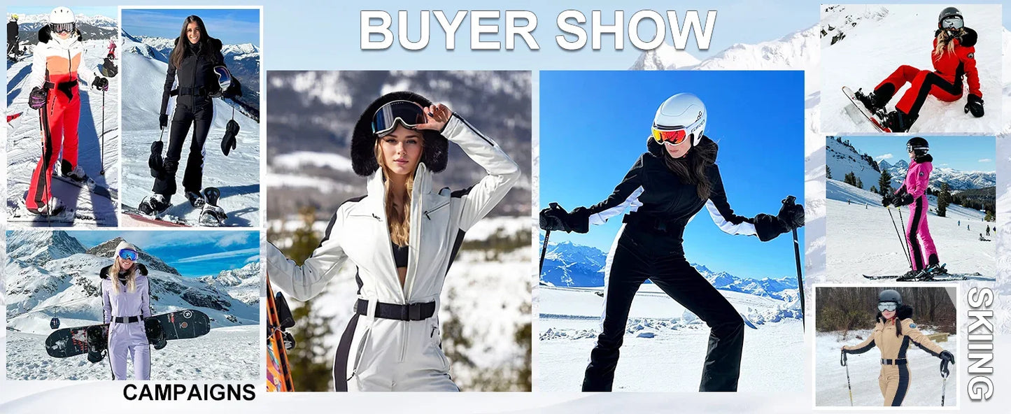 One-piece Ski Suit Women Thickening Snowboard Female Overalls Winter Windproof Waterproof Breathable Clothing Skiing Suit