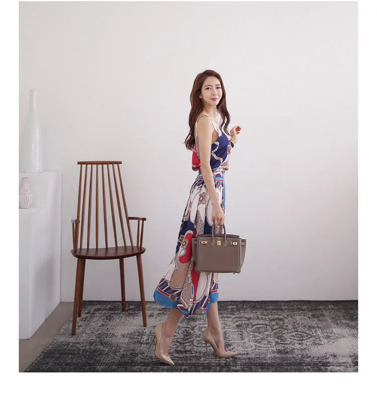 H Han Queen Hot Sale Summer Women Print Work 2 Pieces Set Camisole Top Blouses + Vintage A-Line Skirt Korean Simple Skirt Suit