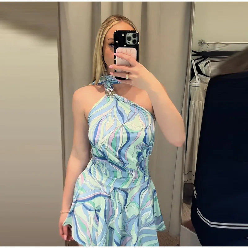 Print Women Dress Backless Mini Dress Halter High Waist Dresses Flared Skirt Hem Waist Shaping Slimming Casual Trendy Street Sty