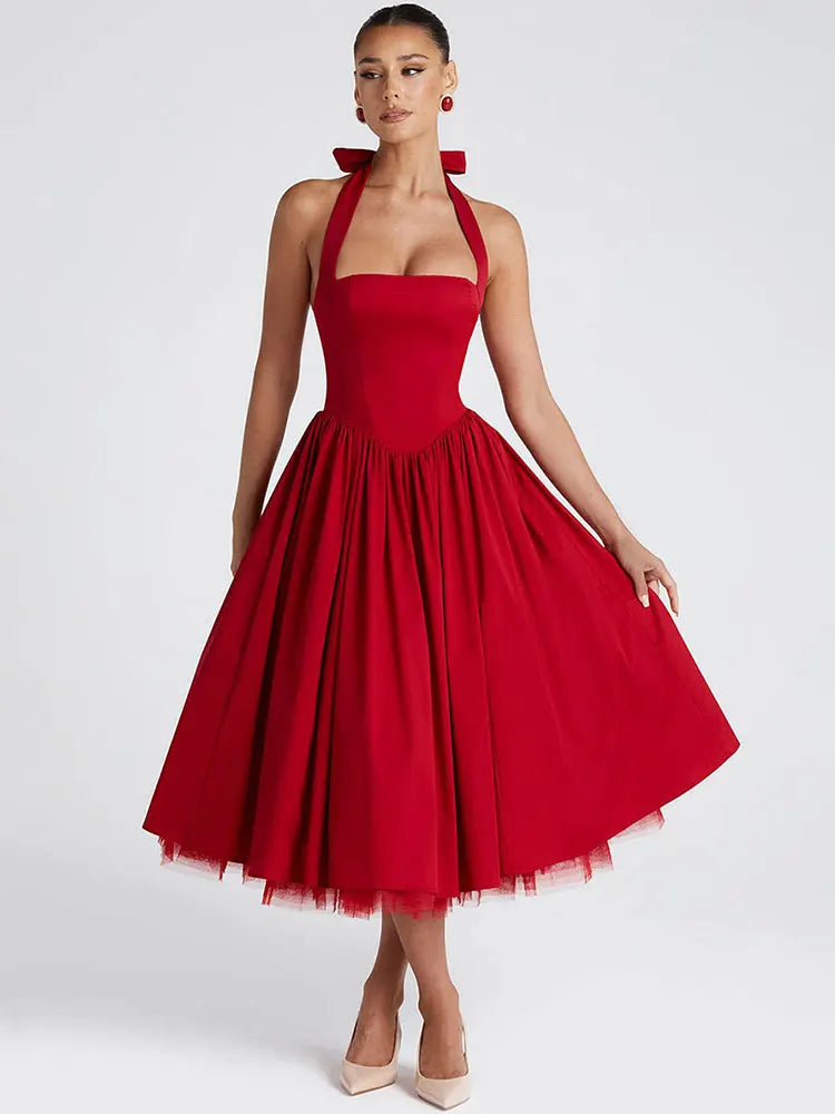 Red Midi Mesh Back Bandage Halter