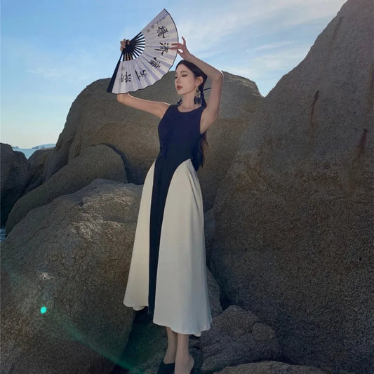 French Contrasting Color Patchwork Dress