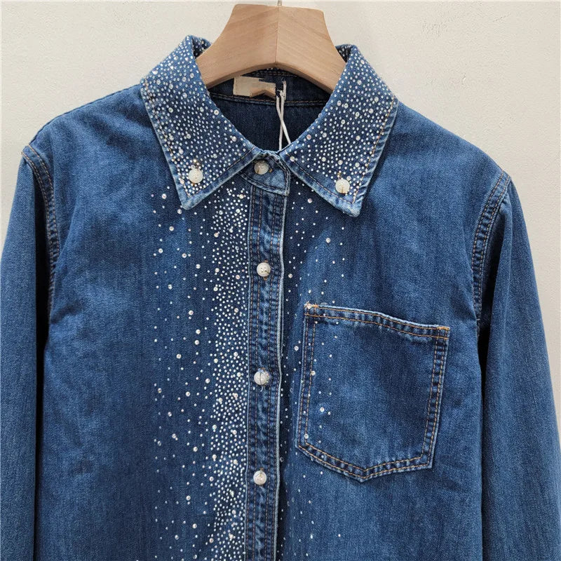 Women Hot Drilling Diamonds Beaded Denim Shirts Spring Sequined Rhinestones Jeans Blouses Jacket Long Sleeved Cardigan Tops 2024