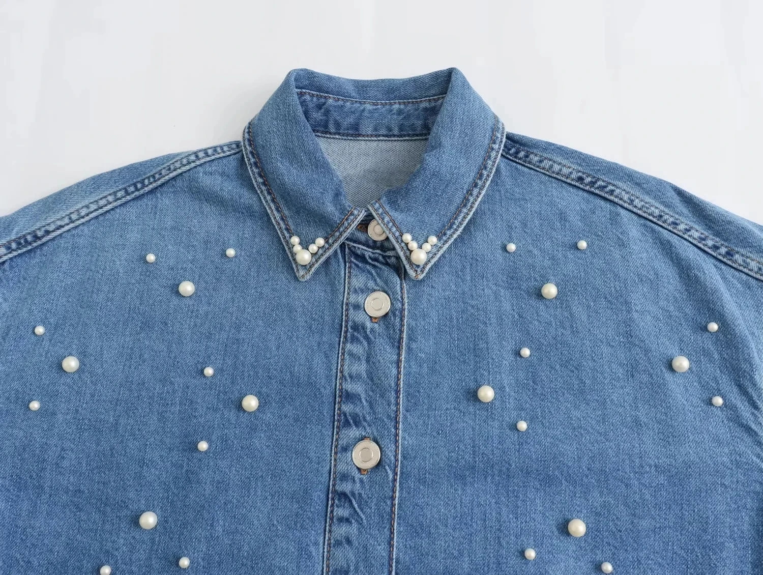 HH Herbst Damen Denim Freizeithemd Mode Kunstperlen Lose Blusen Button Down Langarm Jeansjacke Vielseitiges Oberteil