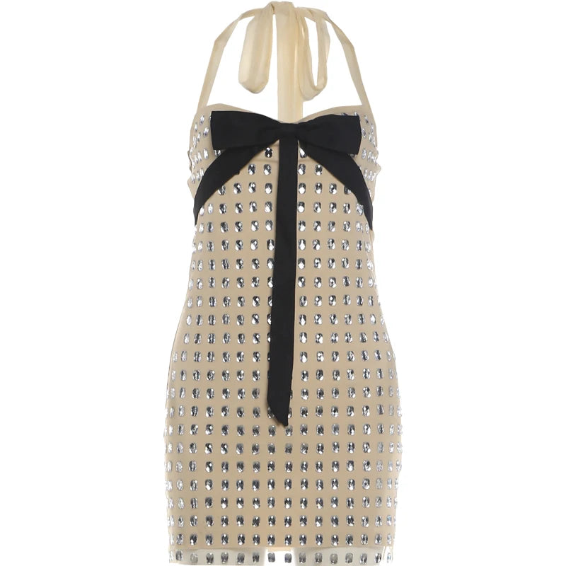 Weird Puss Rhinestone Decoration Dress Women Bow Tassel Halter Bandage Backless Sleeveless Skinny Sweet Fashion Party Bodycon
