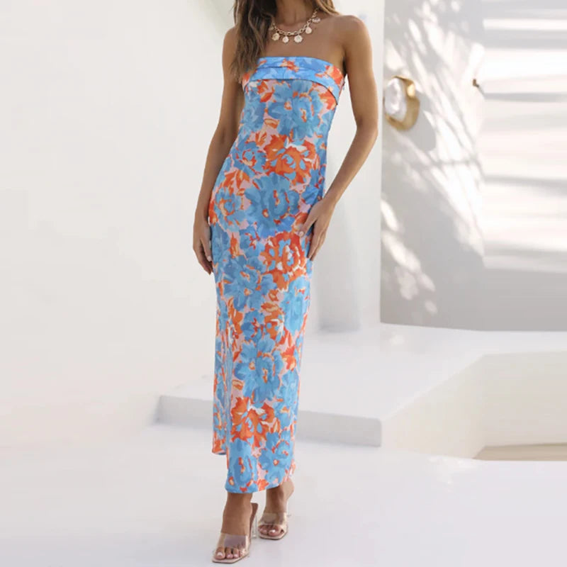 Floral Print backless vacation dress