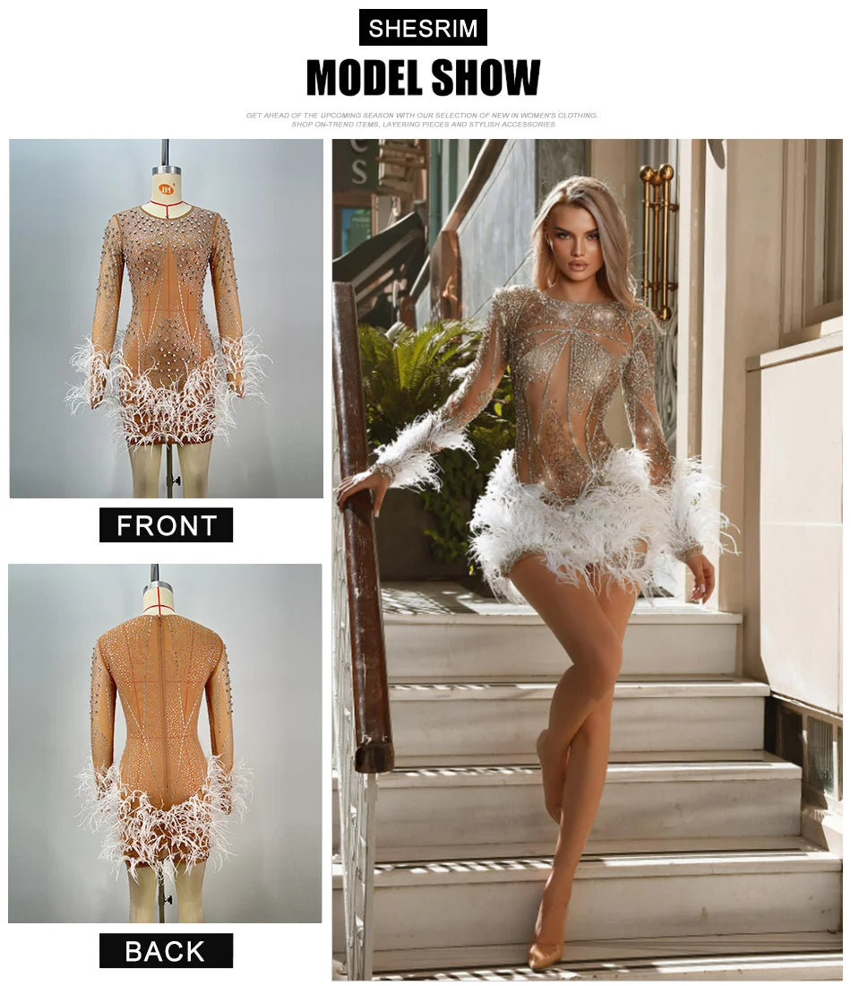 New Round Neck Long Sleeve Rhinestone Mesh Feather Elegant Short Dress