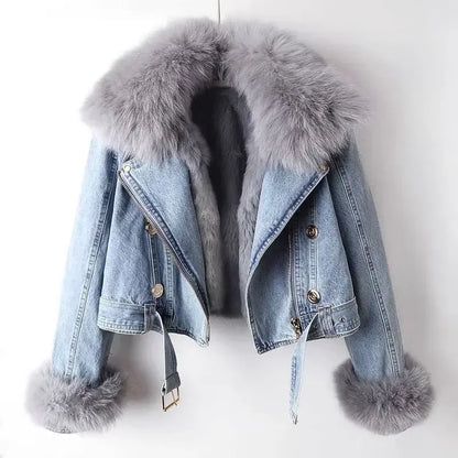 Denim Jacket Casual Punk Biker Faux Fox Fur Zipper Cowboy Coat