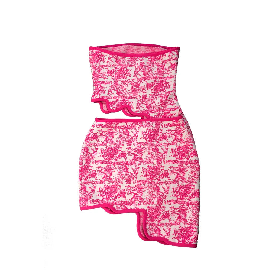 Rose Pink Yellow White Jacquard Two Piece Set Women Strapless Crop Top and Mini Skirt Bodycon Nightclub Party Outfit Bandage Set