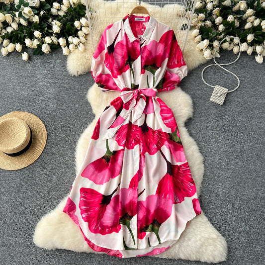 Vintage Satin Floral Pink Red