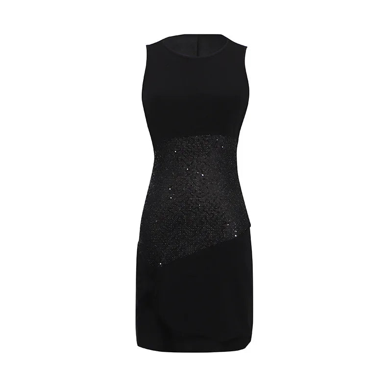 Women Sexy Spicy Girl Party Mini Dress Crew Neck Sleeveless Sequin Patchwork Twisted Knot Bodycon Short Dress Nightclub Banquet