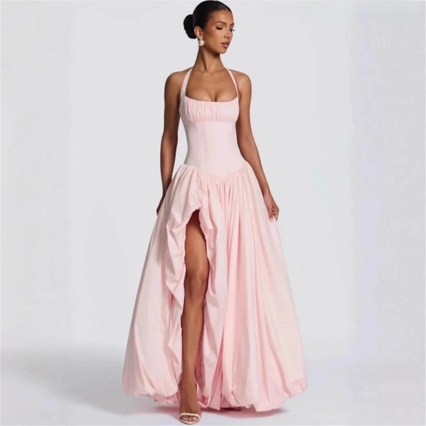 Princ Sle Long Dr LinJ High Waist Fibone Split Ne Hanging Strap European Sle Casual Wear for Middle-Aged Women - Shellss