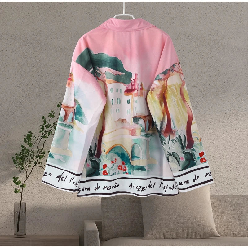 Fashion Printed 2 Piece Set Loose Lapel Button Long Sleeved Shirt Elastic Waist Shorts Suit 2025 Summer Autumn Beach Lady Set