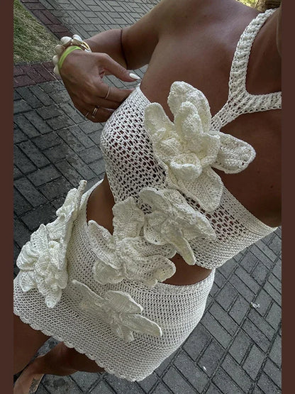 Beach 3D Flower Crochet Hook Short Dress Women