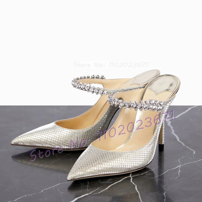 Silver Metallic Crystal Mules Rhinestone Arch Strap Heels