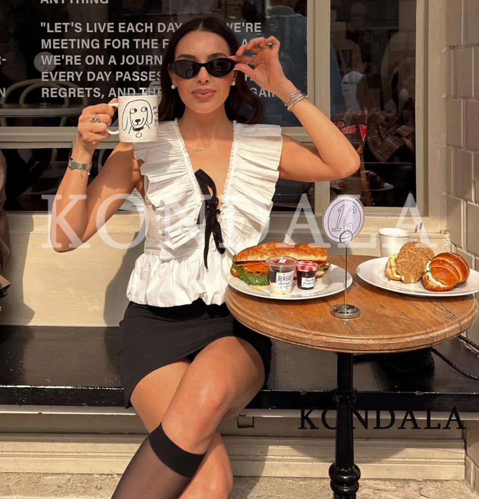 KONDALA Elegant Sweet Bow Tops Woman High Street Chic Pleated Deep V-Neck Tank Tops 2026 Summer Trendy Lady Holidays Dating Vest