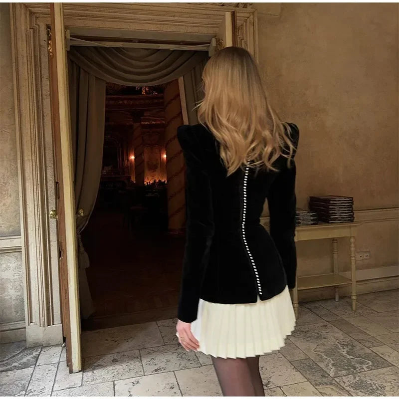 Pleated Velvet Black Fashion Mini Dress Elegant Square Neck Shoulder Contrasting Hem Midi Dresses Lady Evening Party Vestido