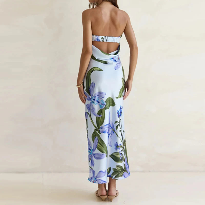 Floral Print backless vacation dress