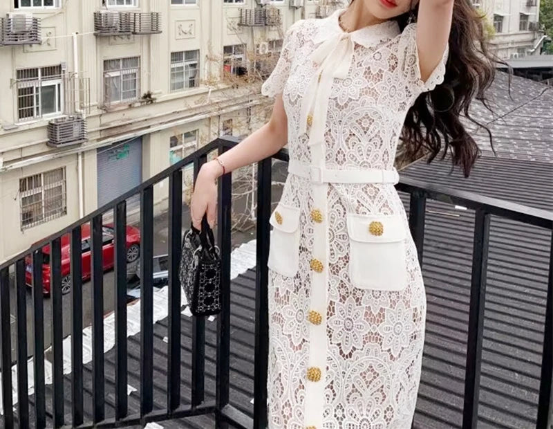 Lace Midi Dress Single Breasted Metal Buttons