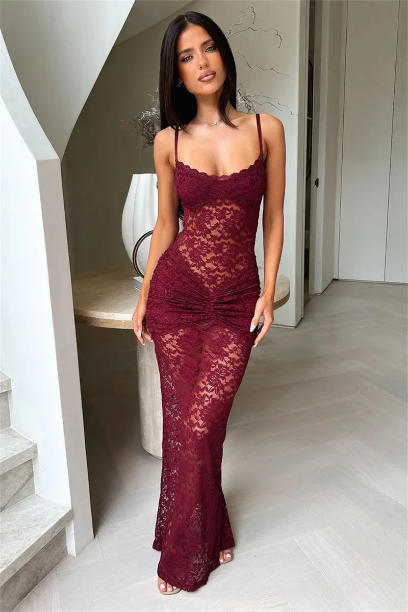 Mozision Lace Spaghetti Strap Sexy Maxi Dress Women Elegant See Through Sleeveless Backless Ruched Slinky Club Party Long Dress