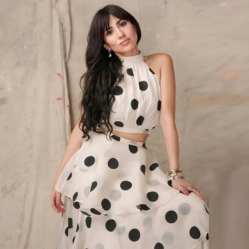 1 Polka Dots Vest Ruffles A-line Long Skirt set