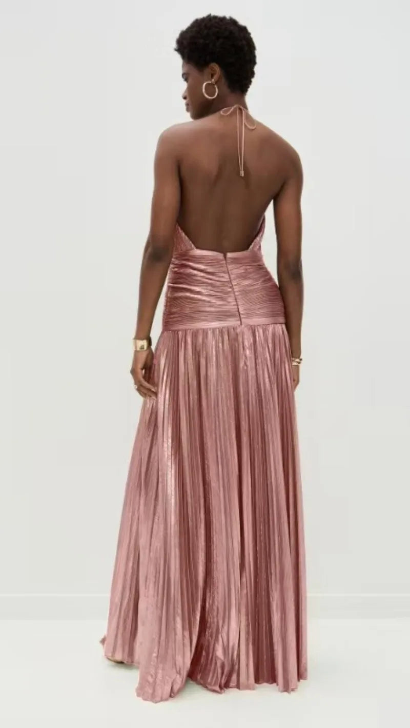 Sexy Off Shoulder Halter Folds Slit Long Dress Luxurious Women Corset Party Dress Gold Halter Neck Evening Dress