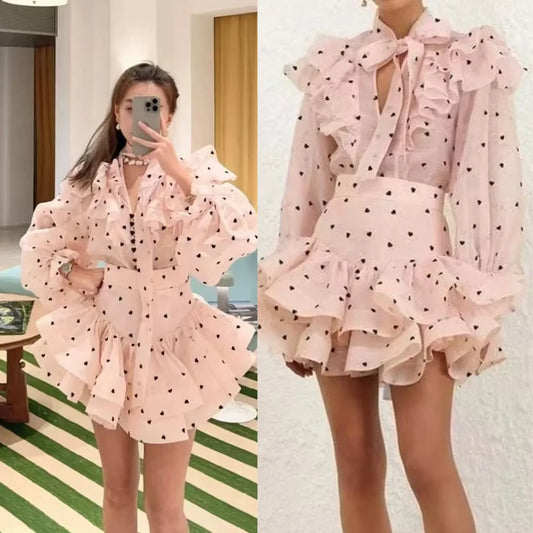 Peach Polka Dot Luxury Ruffle Skirt Set