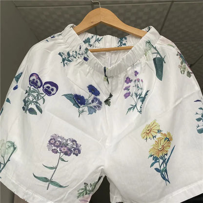 Limiguyue Blumendruck Weißes Damen-Set Sommer Zweiteiler Bequemer Shorts-Anzug mit weitem Bein Dünne Langarmshirts 017P
