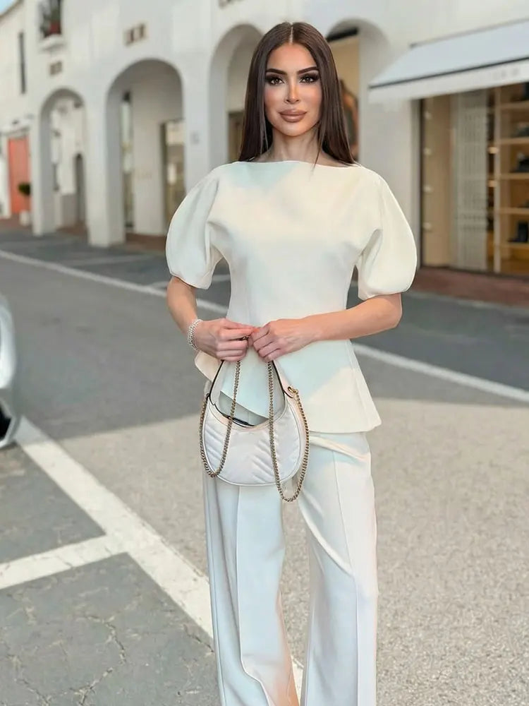 Elegant Puff Sleeve Blouse Asymmetrical