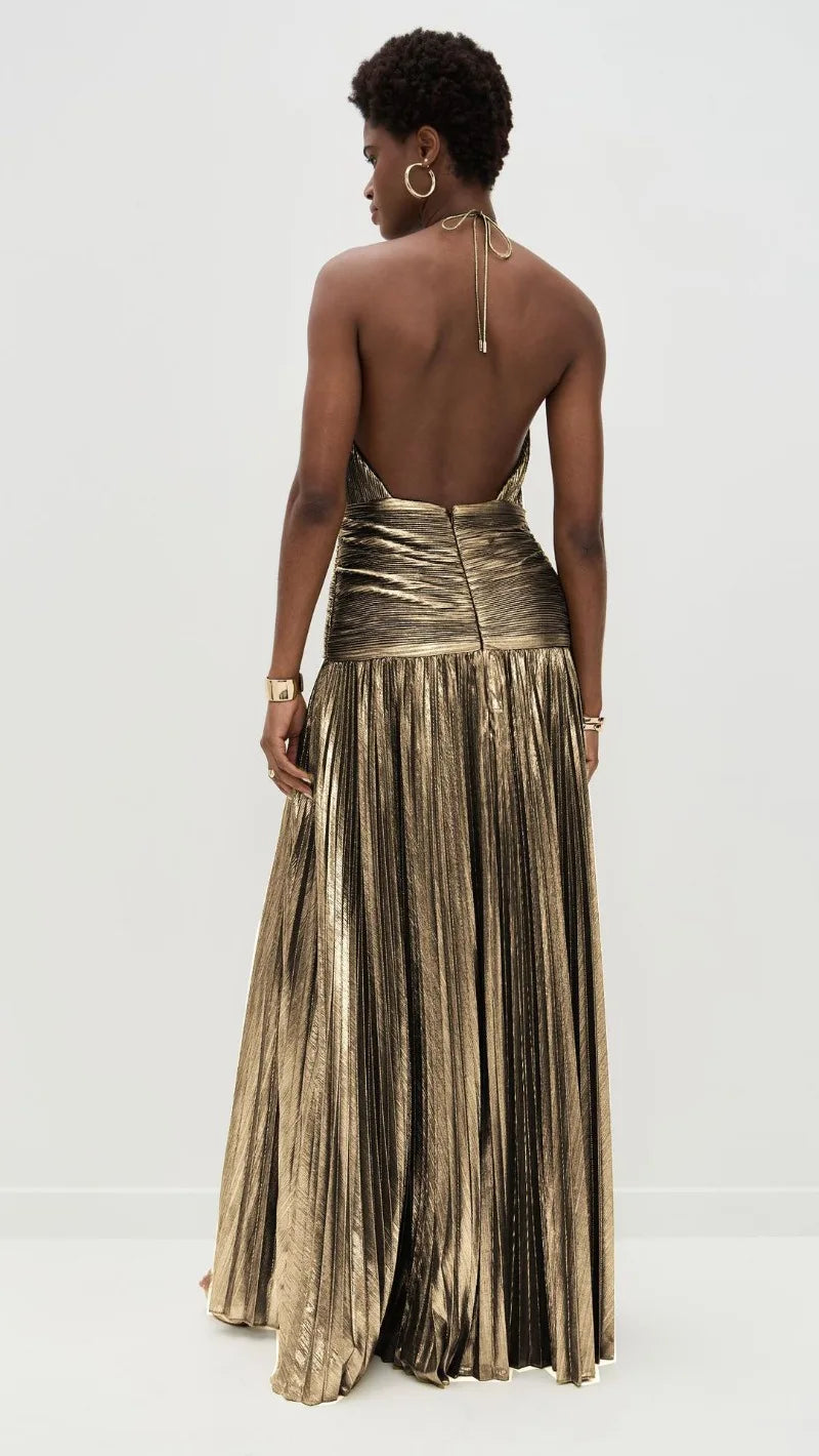 Sexy Off Shoulder Halter Folds Slit Long Dress Luxurious Women Corset Party Dress Gold Halter Neck Evening Dress