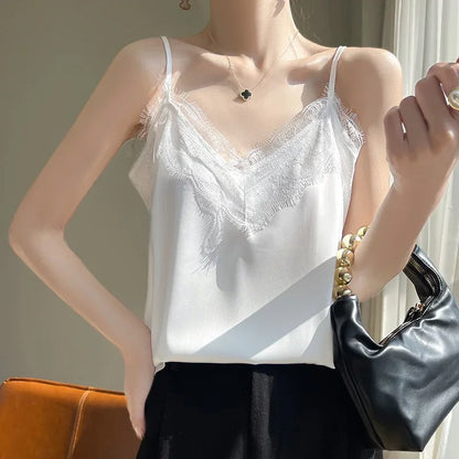 Satin Lace Trim V-Neck Crop Top