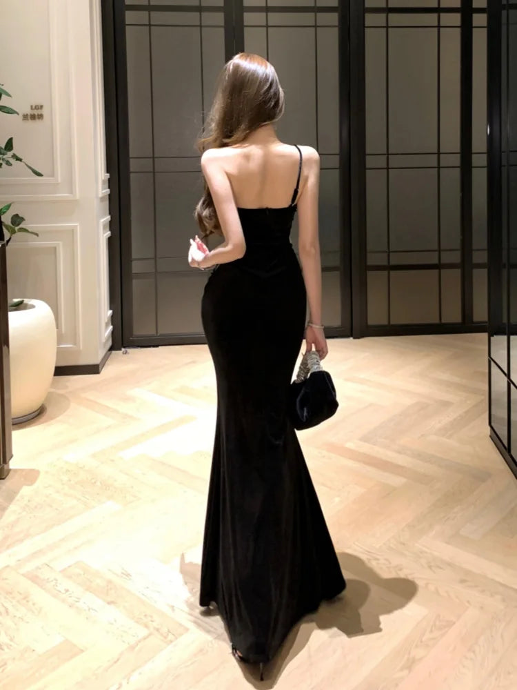 Summer French Elegant Fashion Evening Gown Women's Backless One-shoulder Bodycon Velvet Dress High-end Diamond Slim Gown Summer