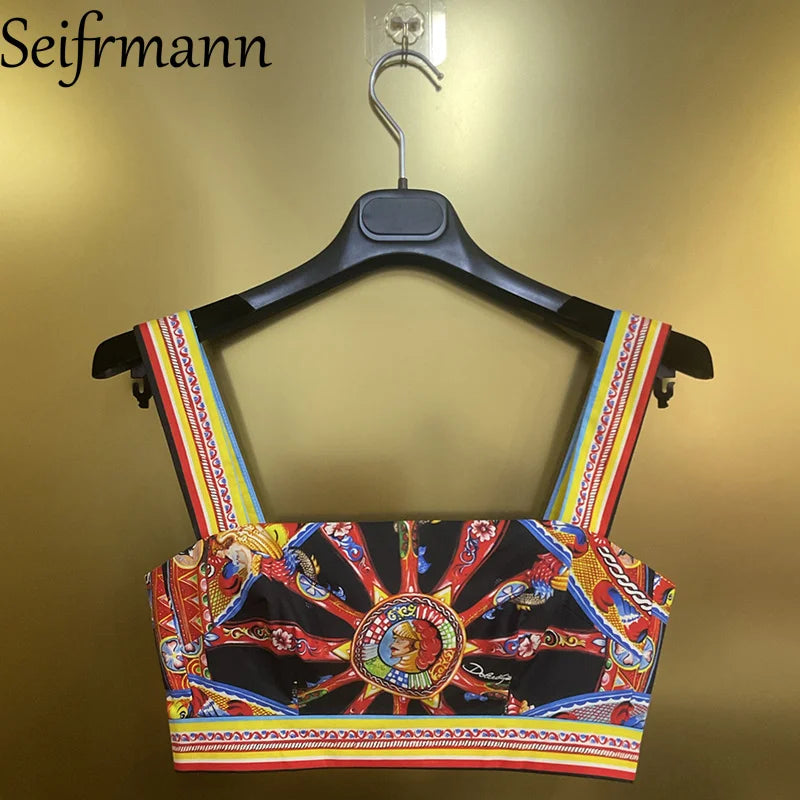 Seifrmann Casual printed cotton two-piece square neck sleeveless top high waist skirt suit 2026 autumn women's new style - Shellss