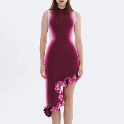 Modphy 2025 Asymmetrical Wavy Hem Round Collar Devise Tie Dyeing Printing Pink Knit Sleeveless Dresses Female Knitting Vestido