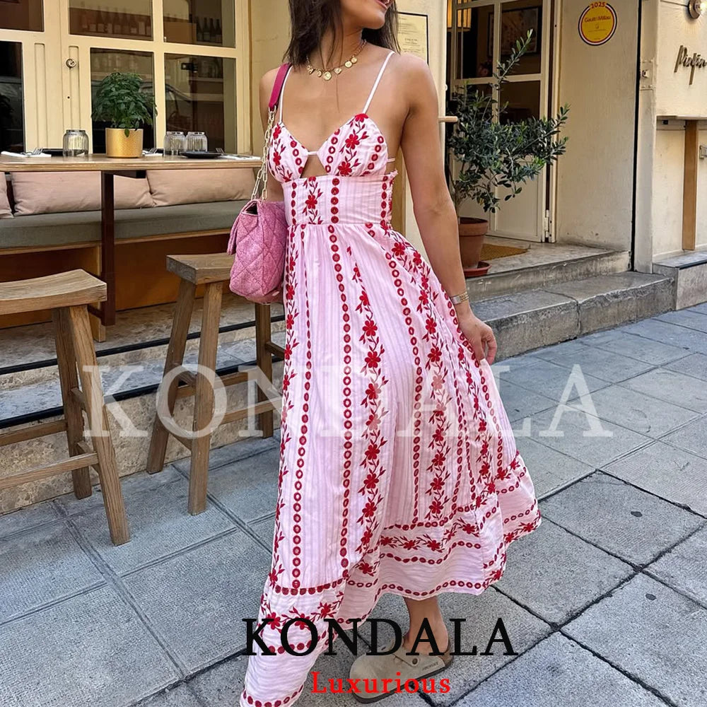 KONDALA Vintage Boho Embroidery Pink Cami Dress Women Backless Lace Up Holiday Beach Dress Fashion 2026 Summer Elegant Dress