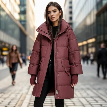 Stand Collar Hooded Parkas Pockets Coats Women Knee Length Thick Warm Jacket