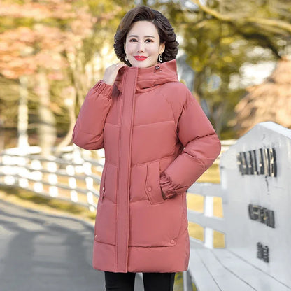 Winter Cotton padded Jacket Hooded solid color fleece thick Parkas Warm Loose Long Overcoat middle aged and Grandma Snow Coat