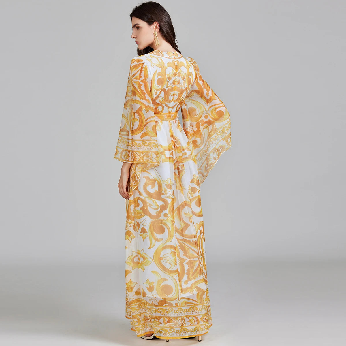 Golden White Porcelain Flower Print Lantern Sleeve