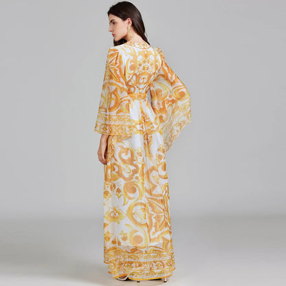 Golden White Porcelain Flower Print Lantern Sleeve