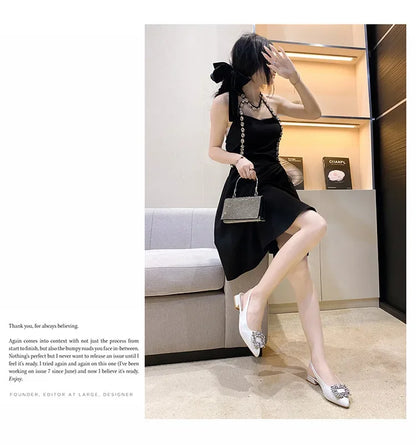 Rhinestone designer short heel shoes
